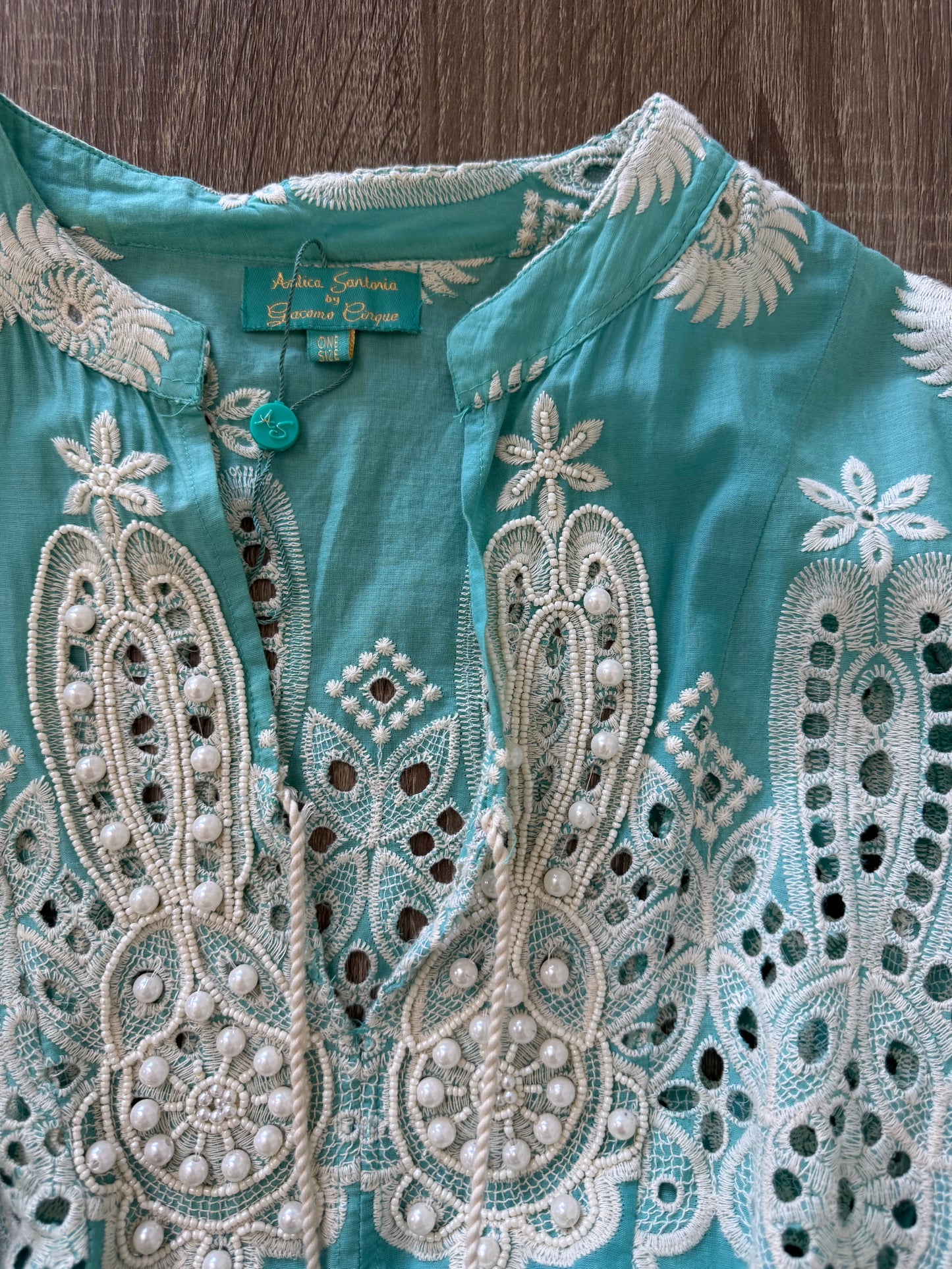Rochie de vară/ plajă din 100% bumbac, print turcoaz cu alb și broderii ( mărimea M)