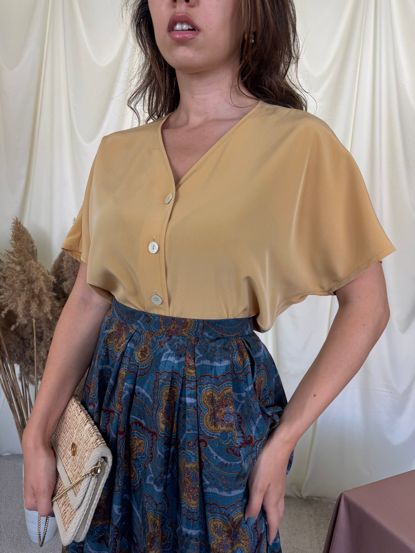 Fustă vintage cu print din 100% mătase naturală cu talie înaltă și print superb ( mărimea L/XL)
