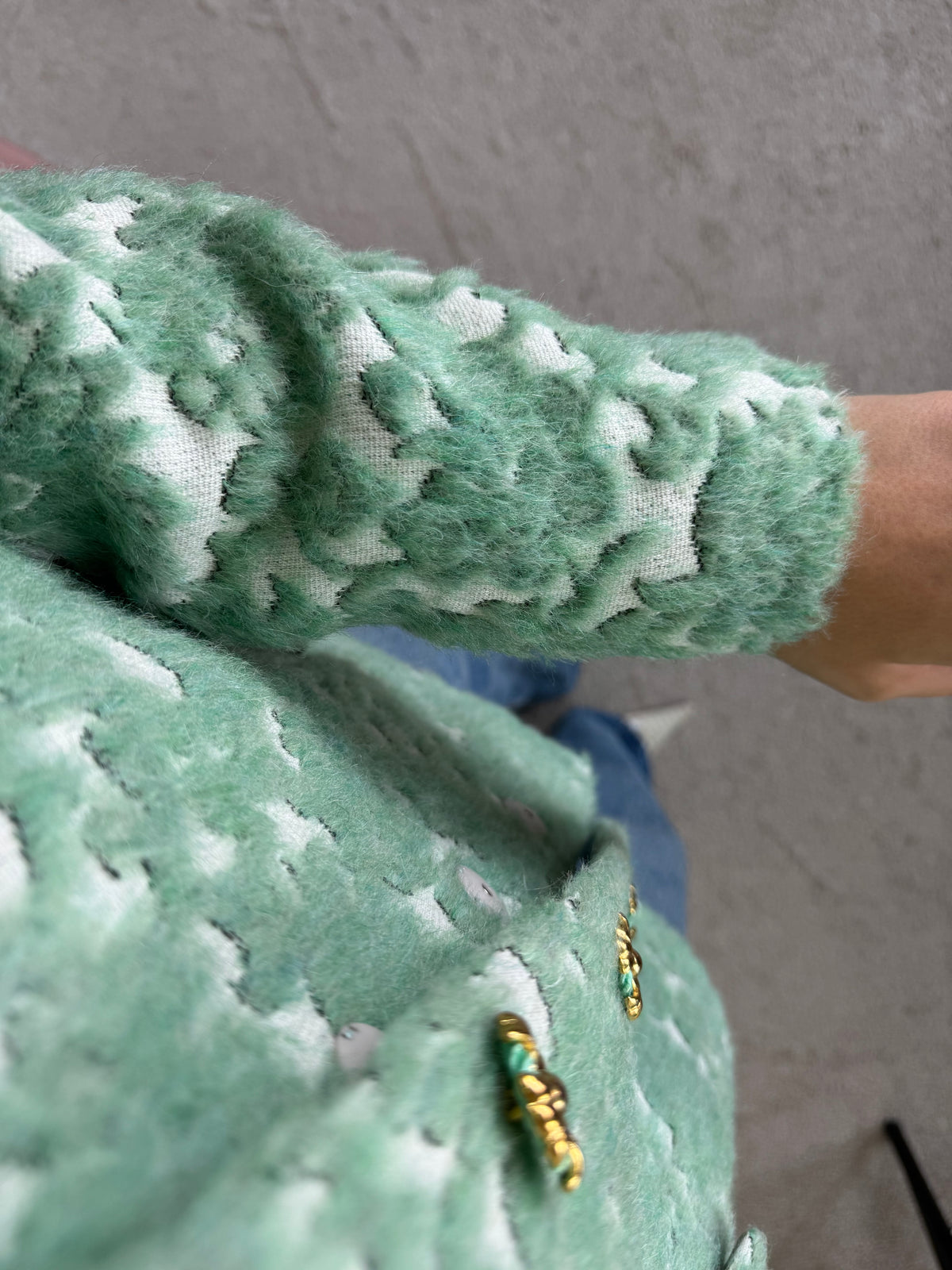 Palton scurt din stofă cu print verde mentă, nasturi metalici tip bijuterie ( mărimea M/40)