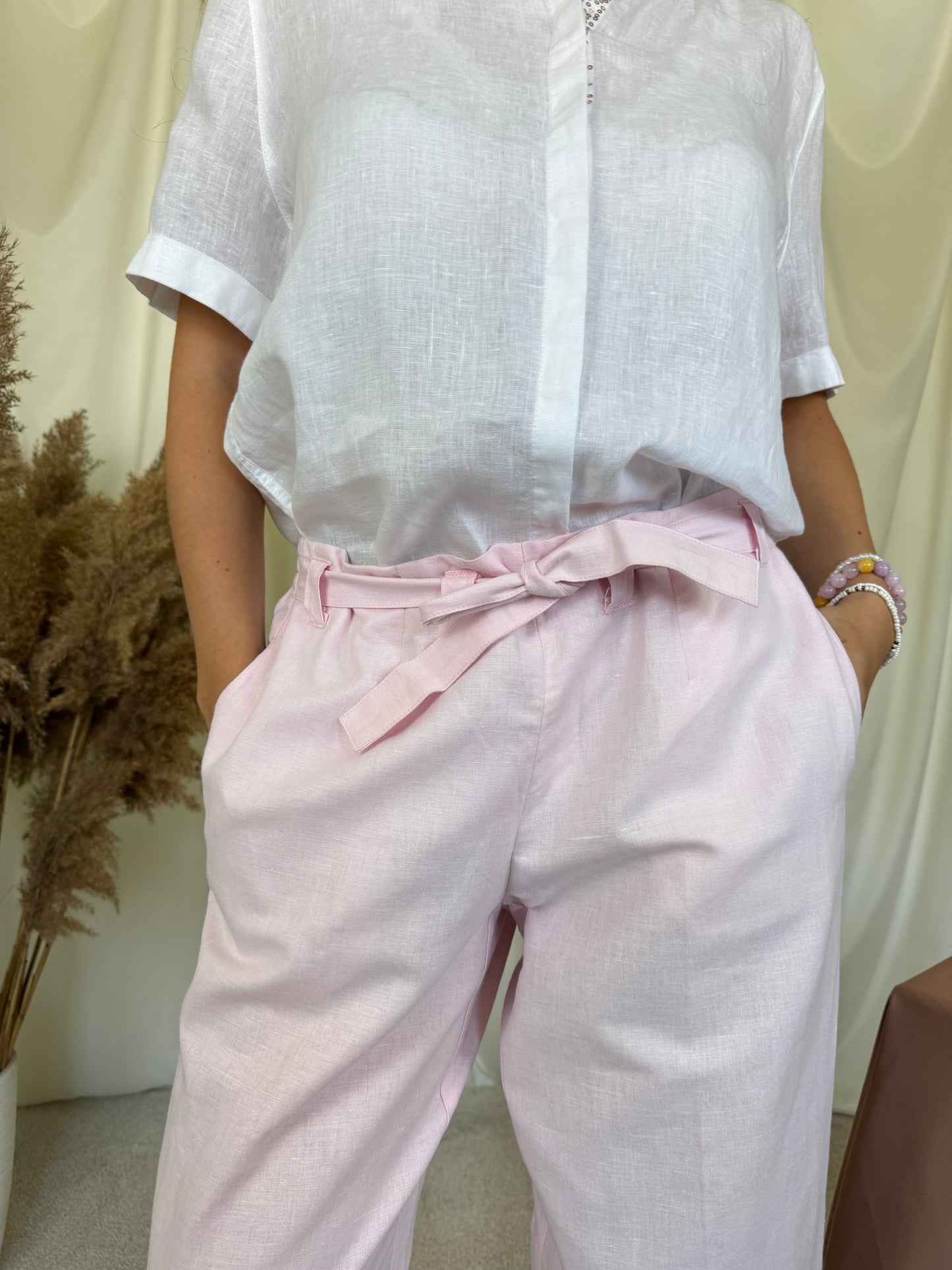 Pantalon roz de vară din in și bumbac cu talie elastică + curea pentru ajustare ( mărimea M)