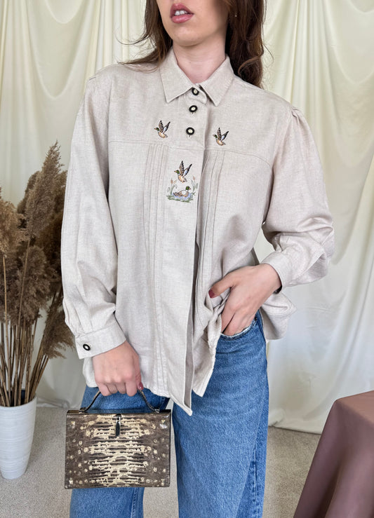 Cămașă vintage cu broderie din bumbac și in
(Mărimea L)