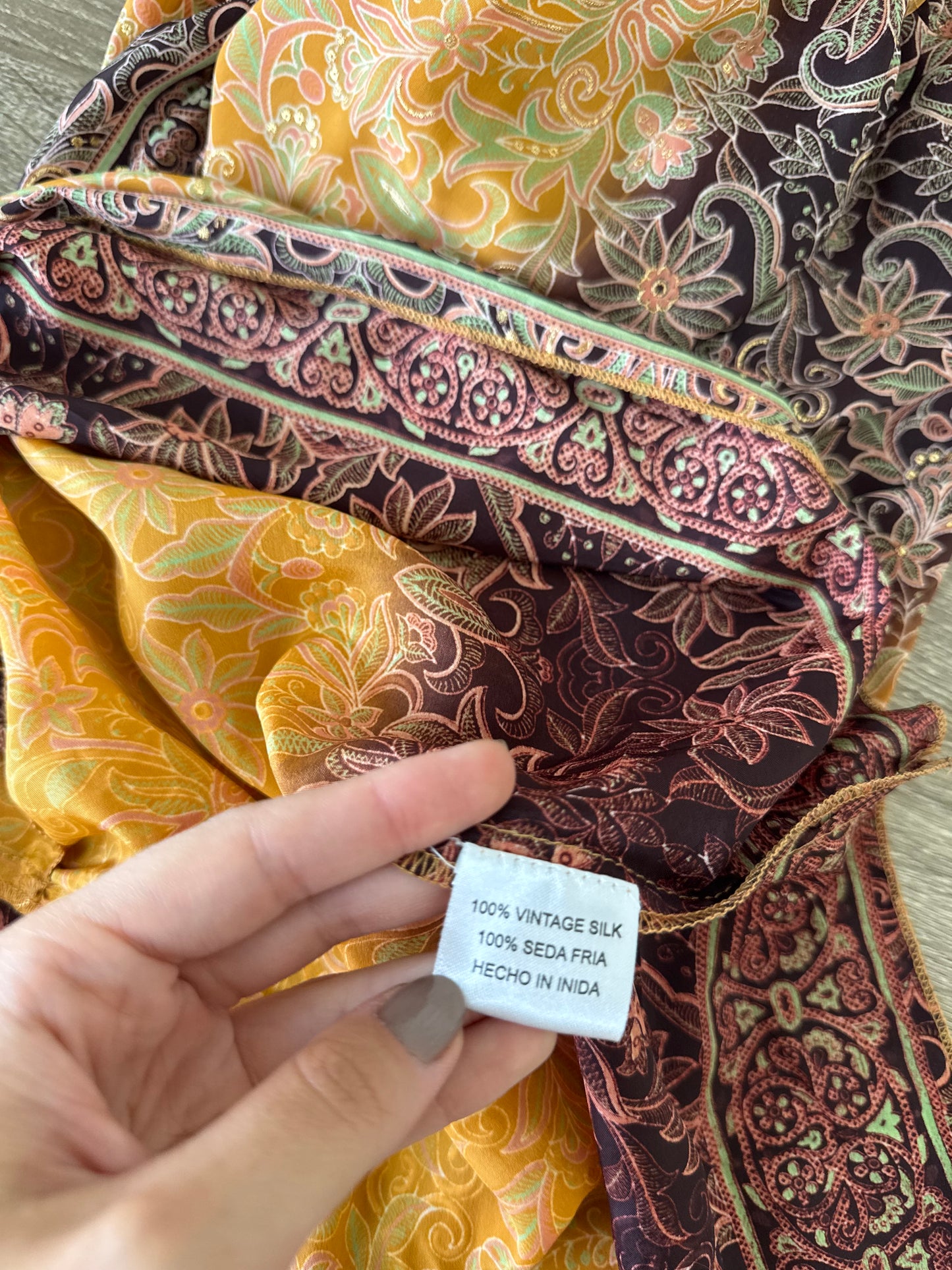 Rochie de vară cu print din mătase naturală în tonuri calde, talie marcata elastică ( mărimea S-M)