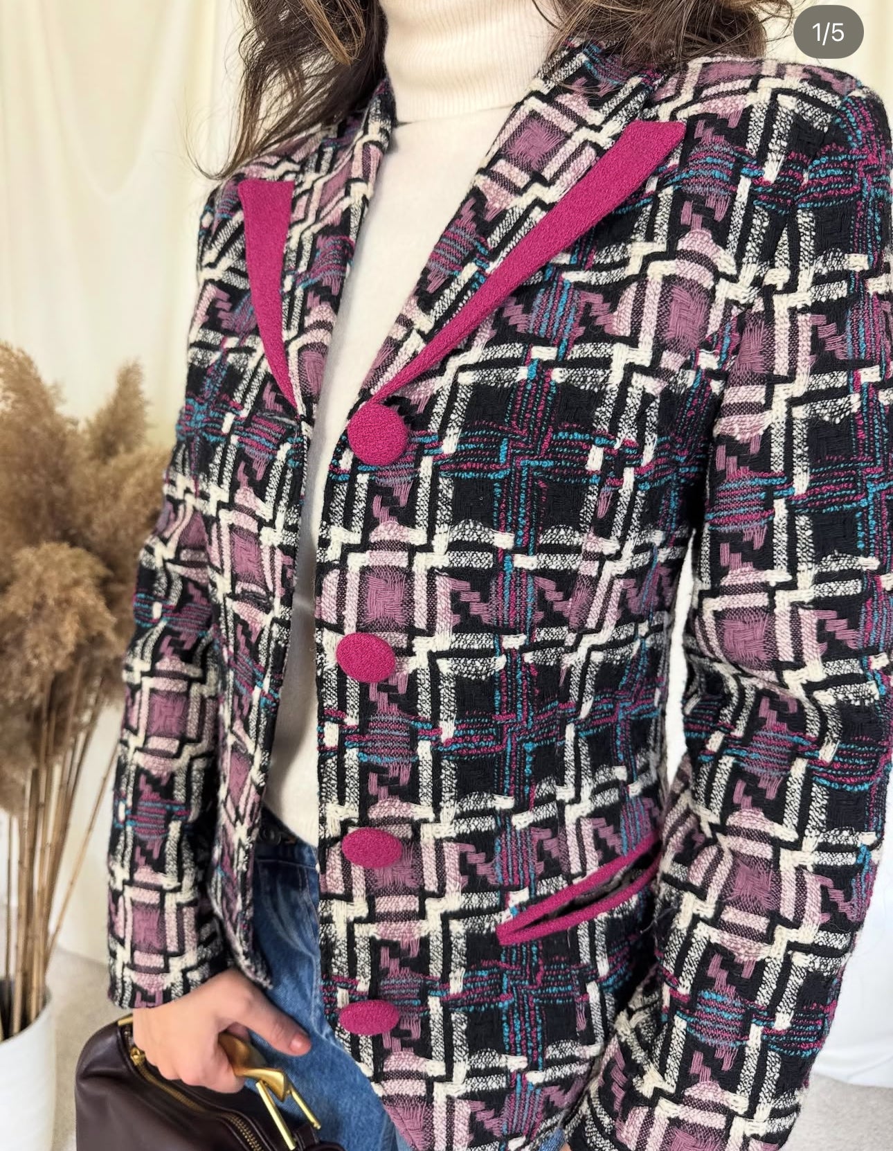 Sacou vintage deosebit din stofă de lână cu print superb( mărimea S-M)