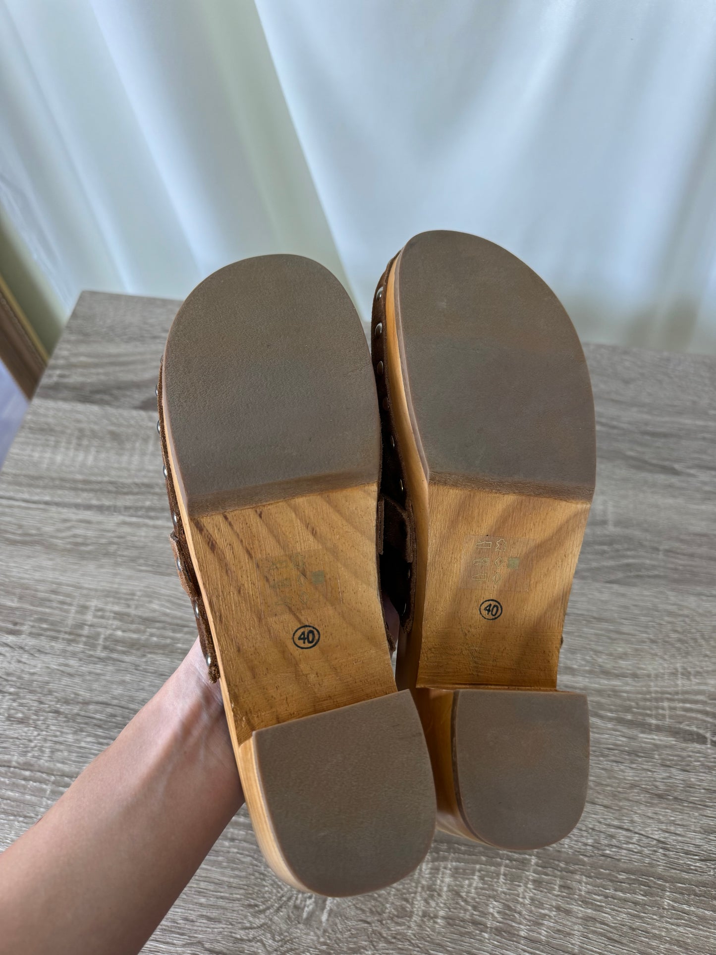 Saboți de vară STEFANEL din piele naturală și lemn, mărimea 39
