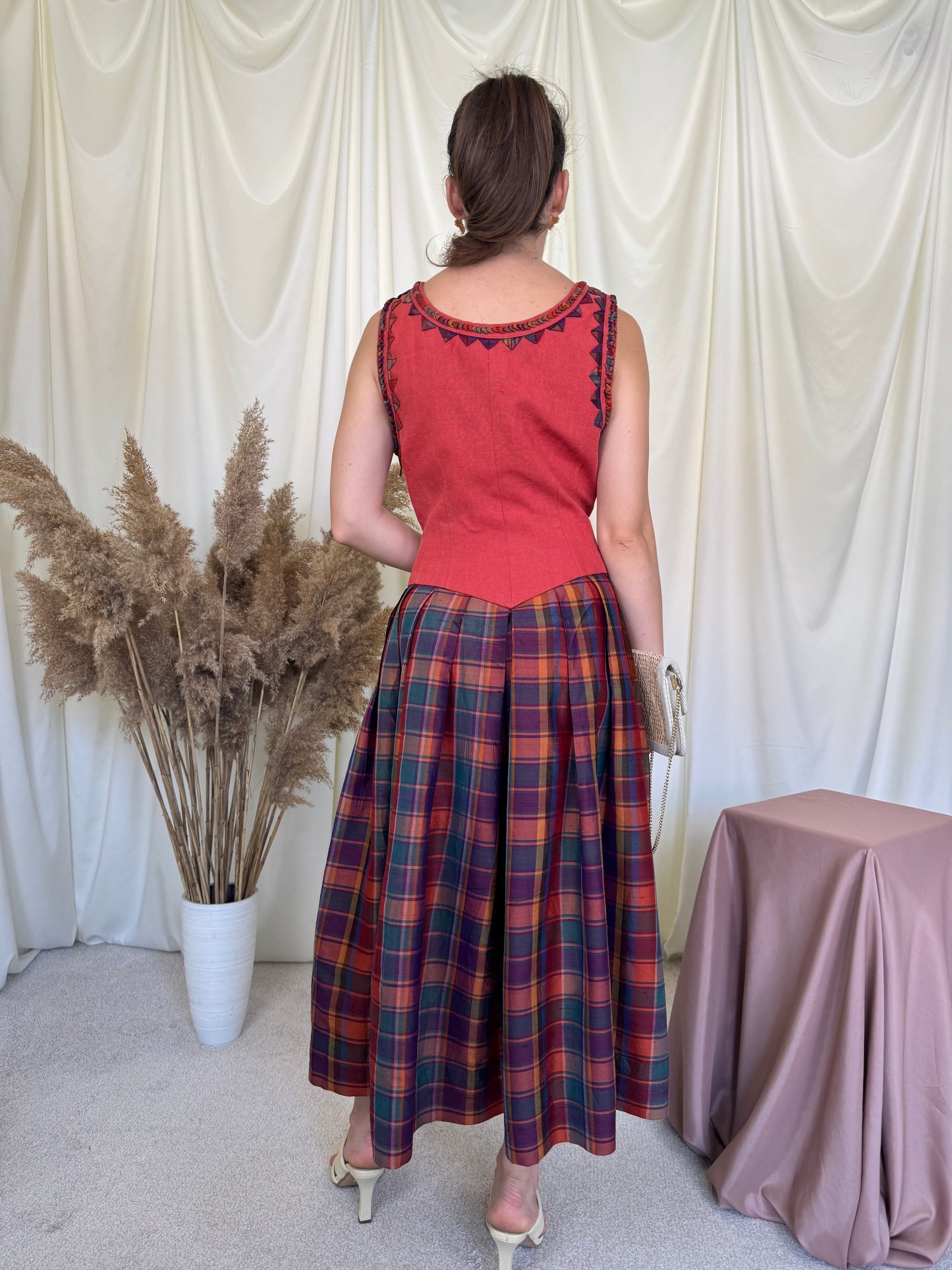 Rochie vintage din in si mătase naturala cu print ( mărimea M)-78 talie