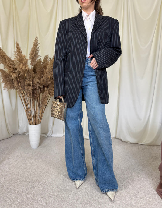 Sacou vintage VERSACE din stofă fină de lână cu print dungi fine(mărimea L)