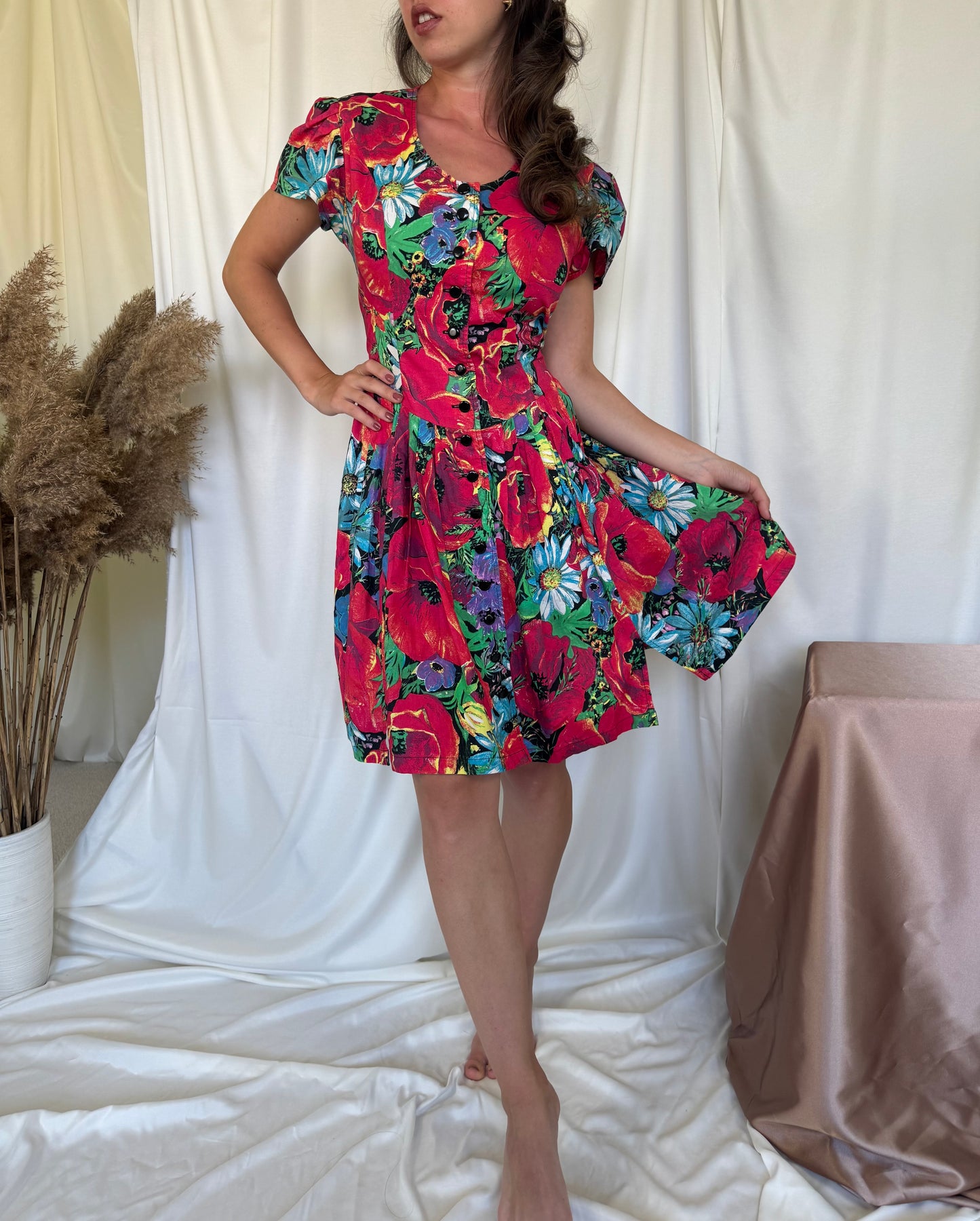 Rochie vintage din bumbac cu prinț floral (M)