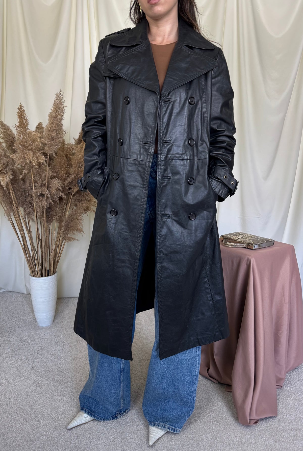 Trench vintage negru din 100% piele naturală ( mărimea M)
