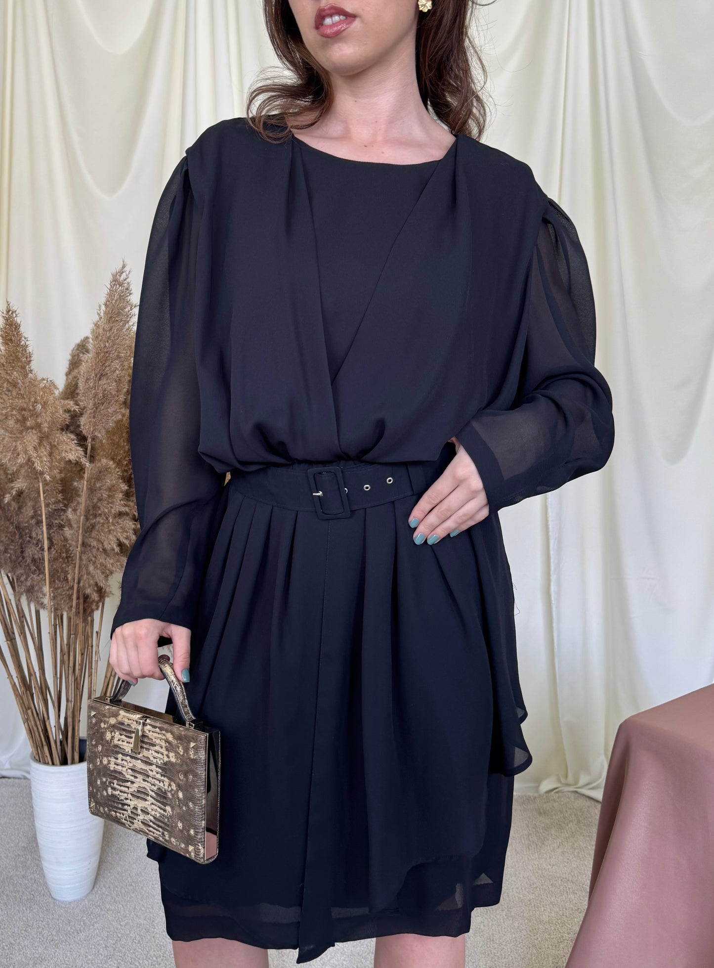 Rochie elegantă vintage cu talie elastică și centura pentru ajustare 
(Mărimea L)