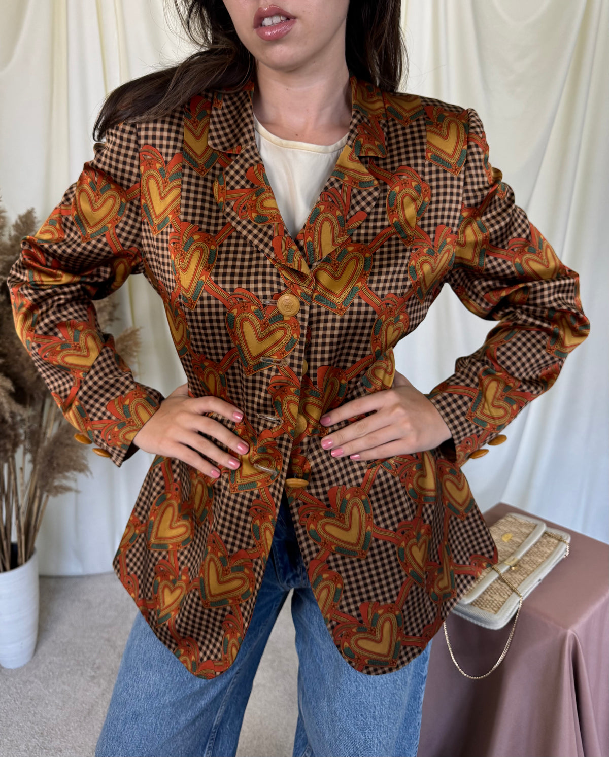 Sacou -jachetă vintage premium RENZO din 100% mătase cu print superb și nasturi masivi ( mărimea L)