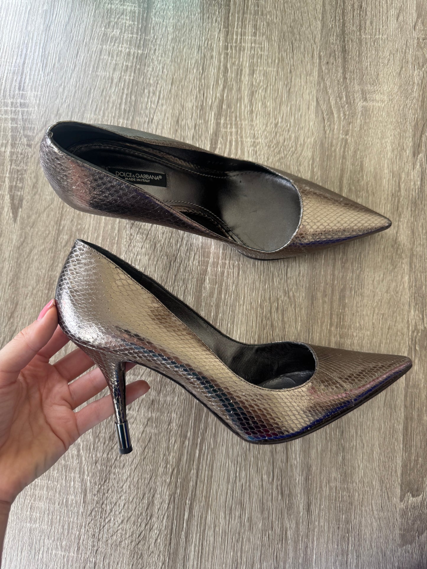 Pantofi stiletto DOLDE GABANNA din piele naturală metalică, snake, comozi( mărimea 38-39)