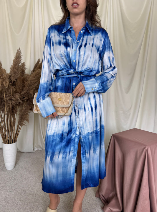 Rochie MADELEINE cu print superb și talie ajustabilă, șlițuri laterale ( mărimea L-XL)