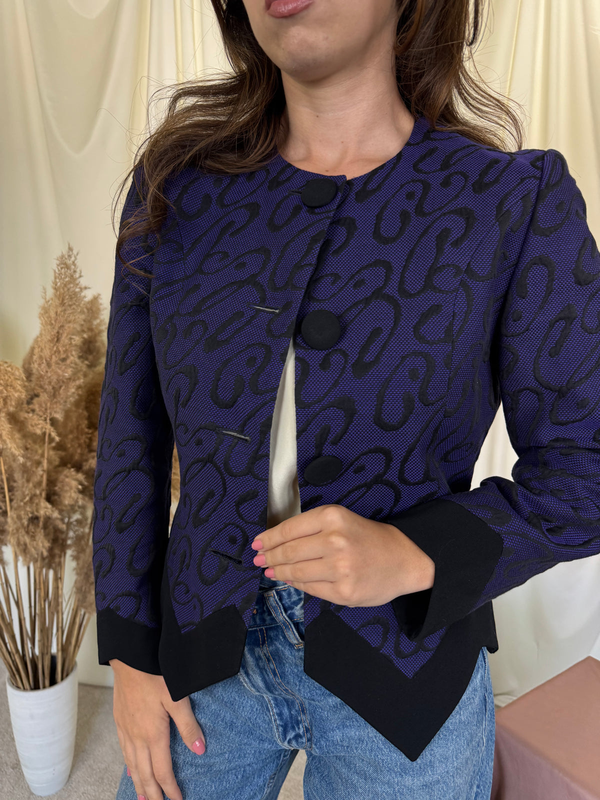 Sacou-jachetă luxury Pierre Cardin din stofă premium de lana și bumbac cu print, croi superb ( mărimea S)