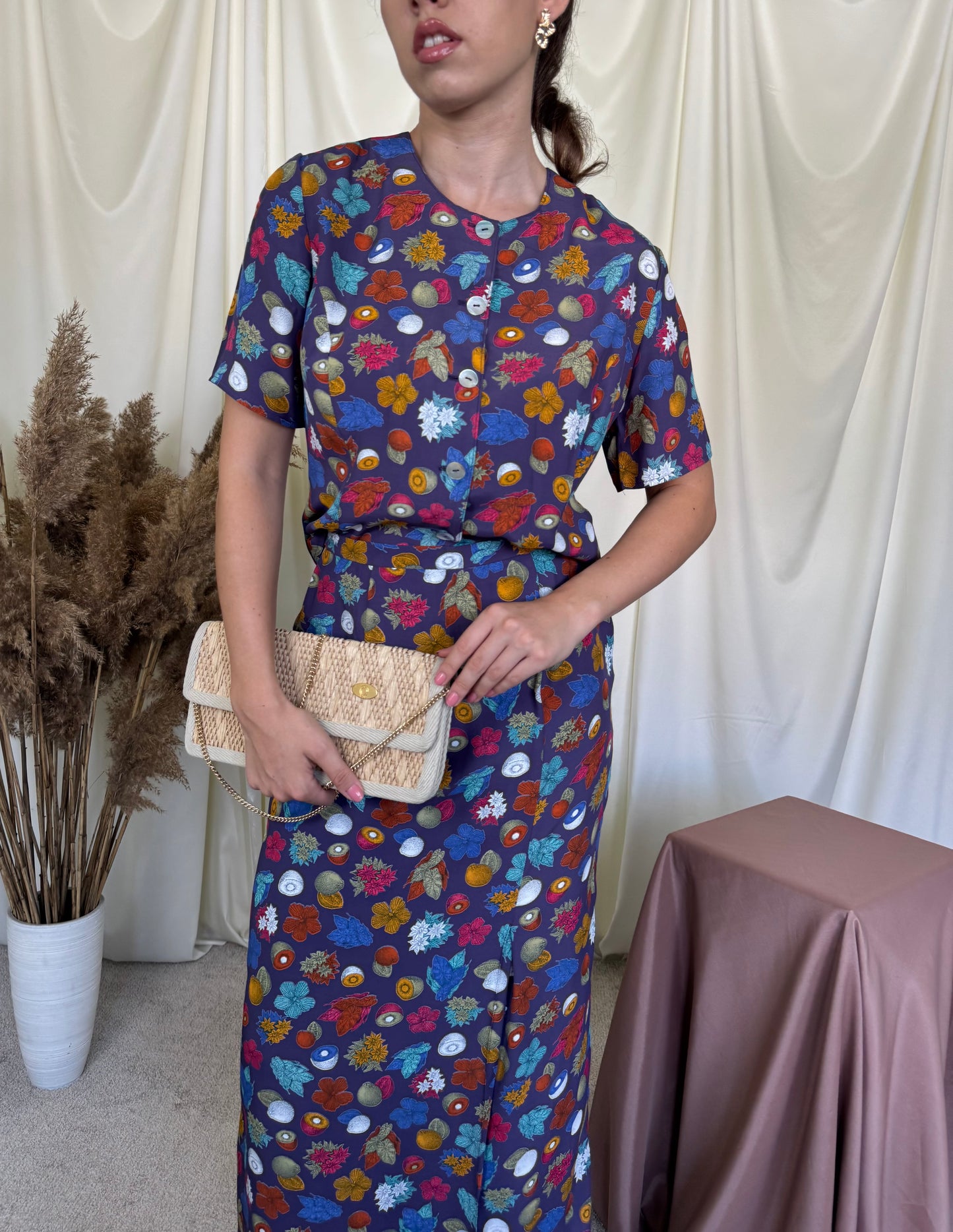 Set vintage cu print fructe, cămașă + fusta ( mărimea M)