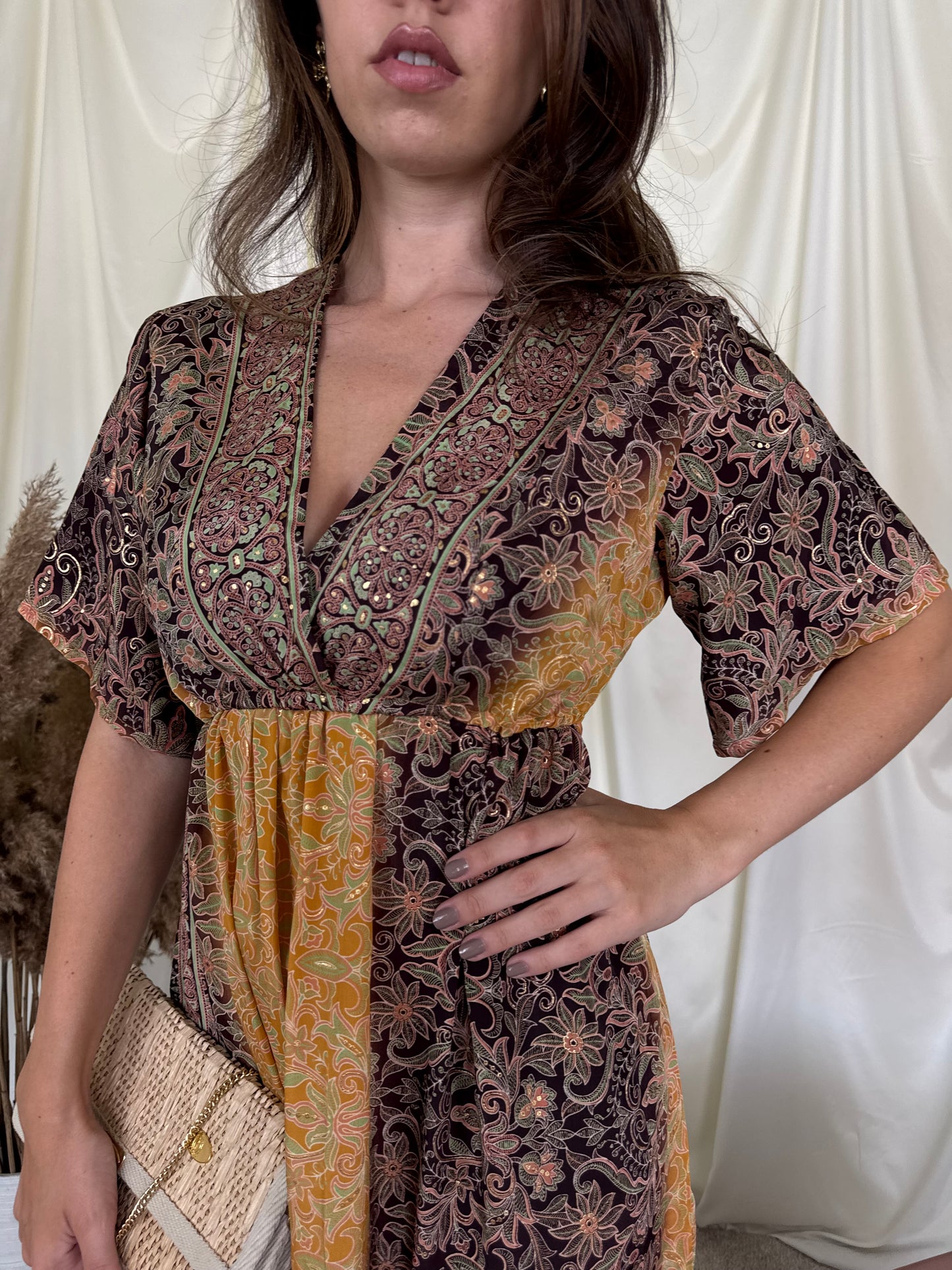 Rochie de vară cu print din mătase naturală în tonuri calde, talie marcata elastică ( mărimea S-M)