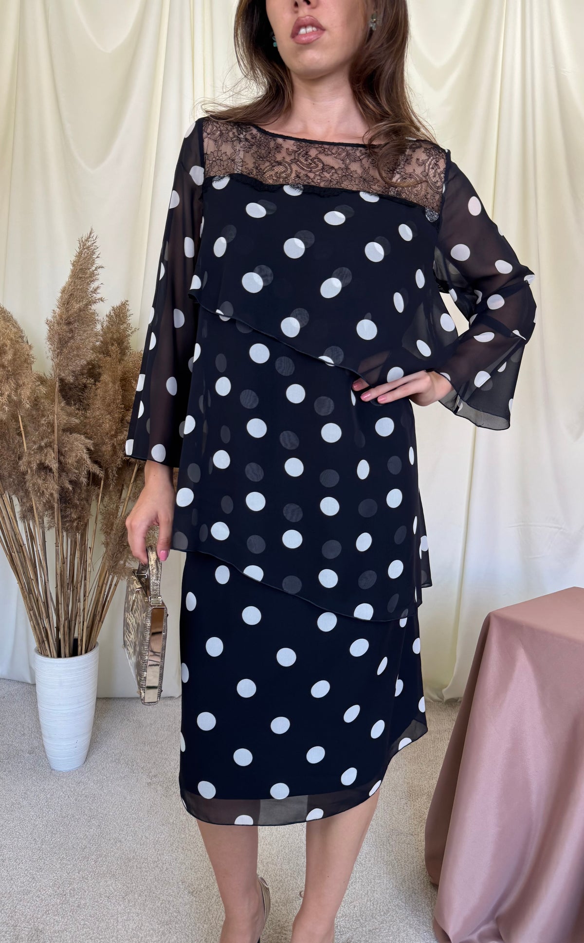 Rochie luxury spectaculoasă MARINA RINALDI din 100% mătase naturală cu print buline si detalii din dantelă ( mărimea L)
