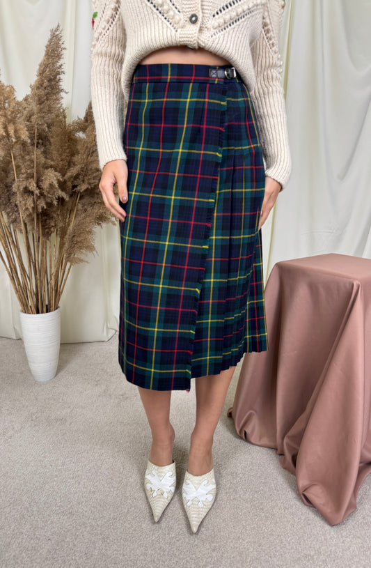 Fustă vintage din 100% lână premium cu print tartan, talie ajustabilă ( mărimea S-M )