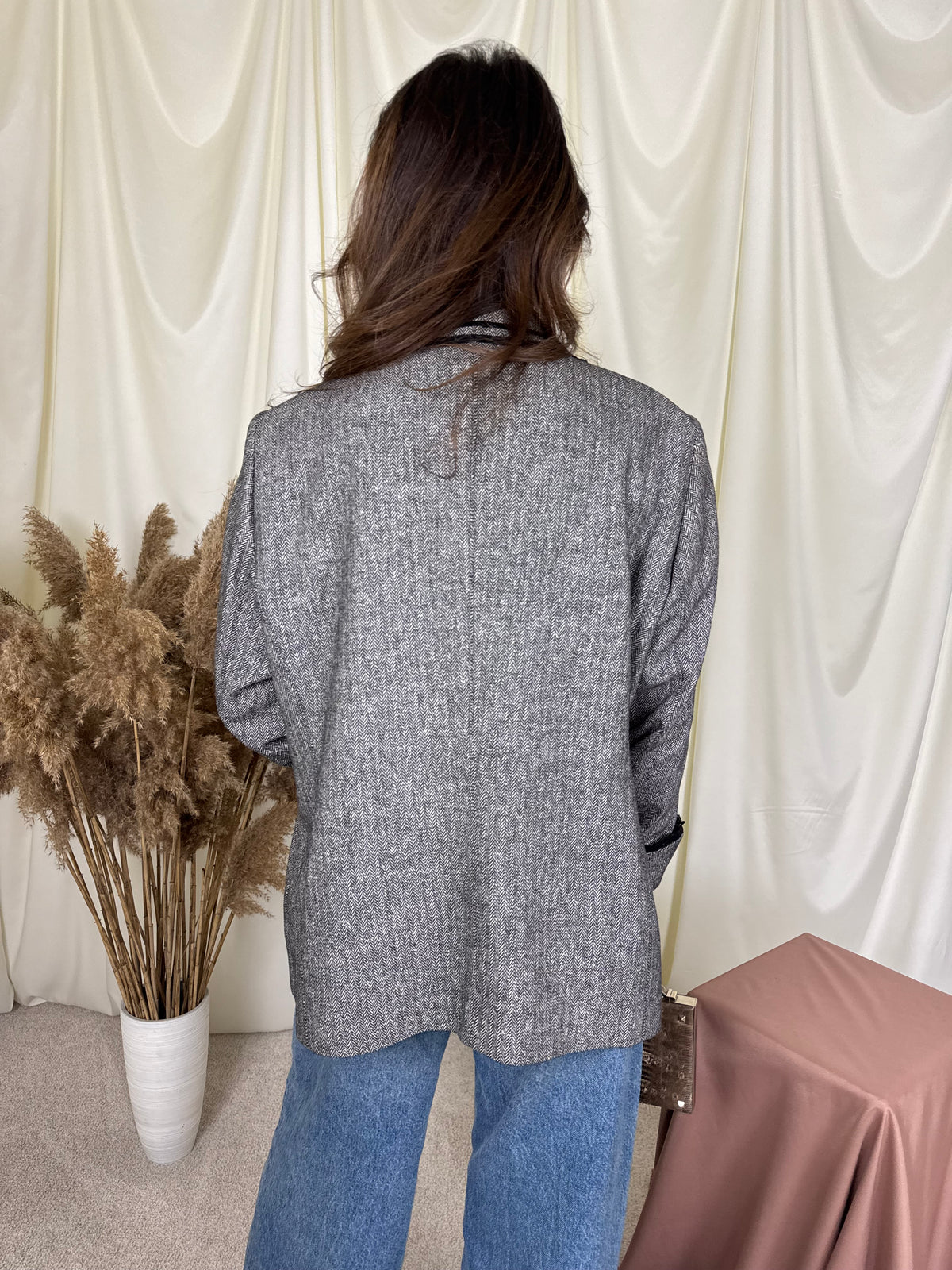Sacou vintage din stofă superbă cu print din lână și mătase naturală, detalii din catifea și dantelă ( mărimea XL-XXL)