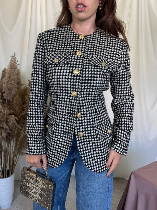 Back! Sacou vintage italienesc din 100% lână cu print pepit și nasturi bijuterie ( mărimea S)