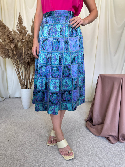 Fustă vintage din 100% mătase naturală cu print superb și talie înaltă ( mărimea M/L)