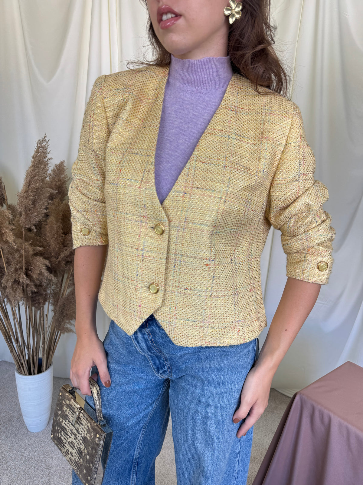 Sacou premium DELMOD în stil chanel din vascoza, bumbac și in cu nasturi bijuterie și mâneci 3/4 ( mărimea M/L)
