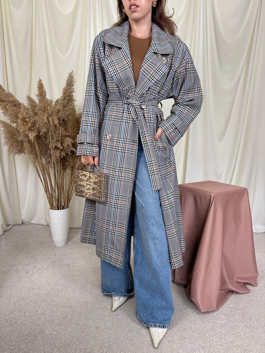 Trench vintage superbisim cu print carouri, talie ajustabilă cu cordon( mărimea M/L)