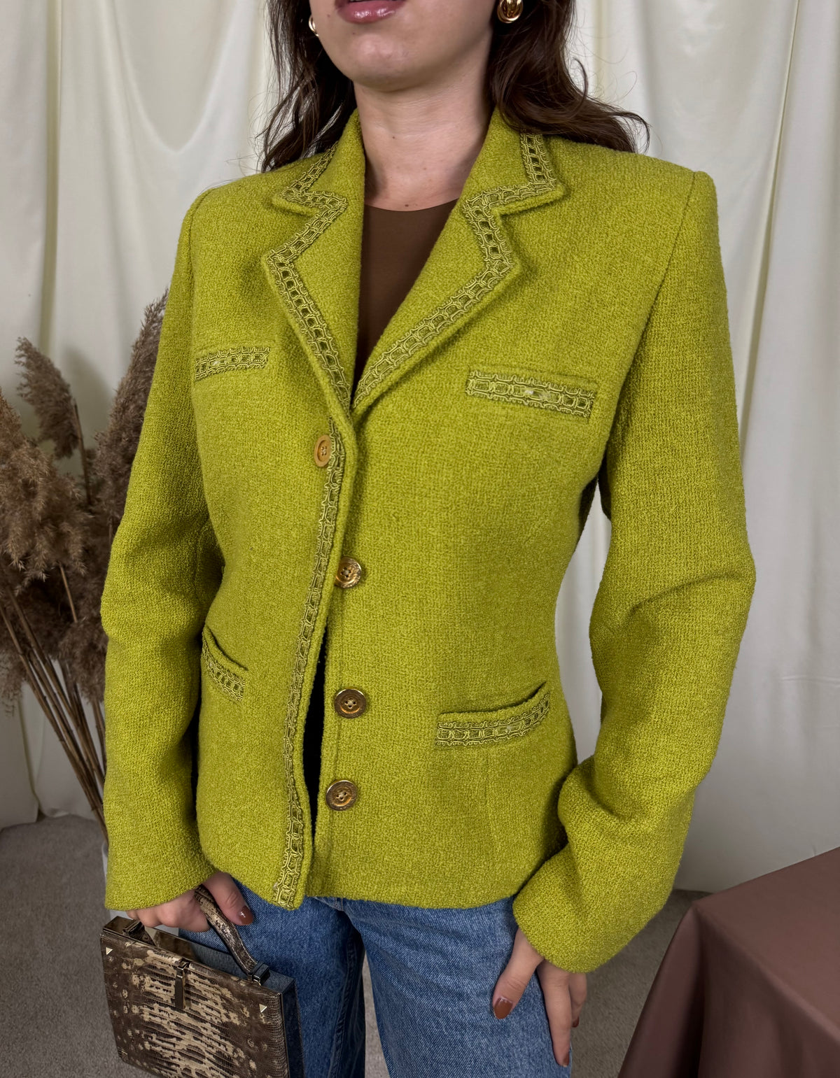 Sacou vintage VERTIGO din tWeed de lana cu nasturi metalici aurii ( mărimea M)