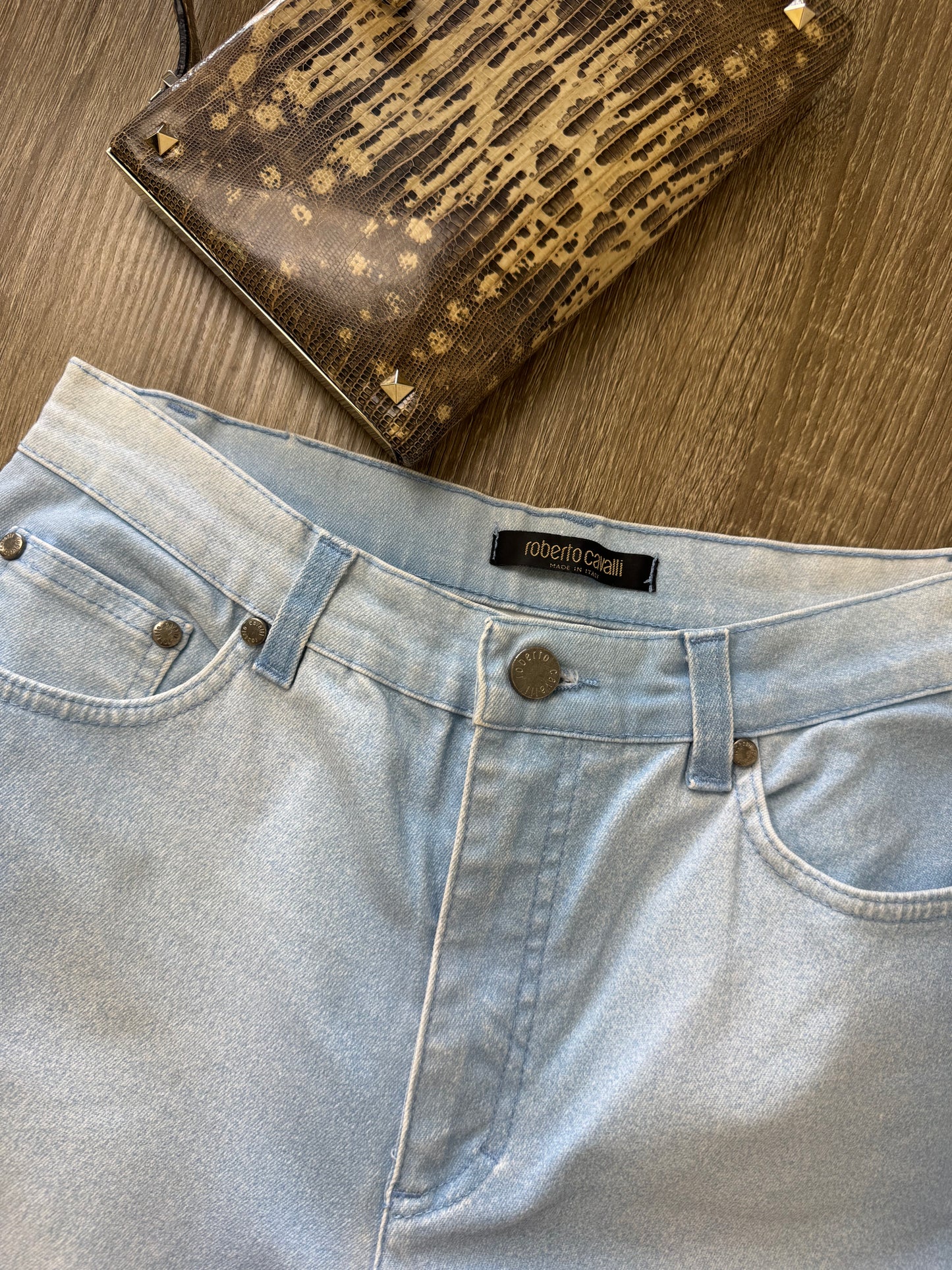 Jeans Roberto Cavalli cu print baby blue, talie medie 
(Mărimea xs/s)