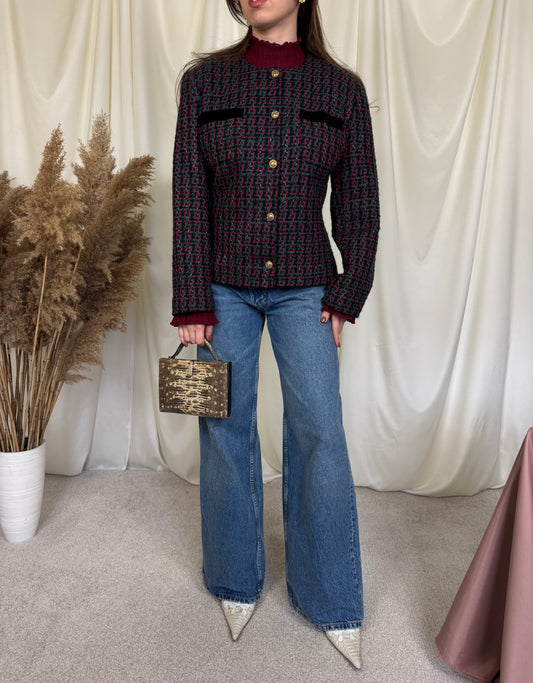 Jacheta din lana tip tweed cu detalii din catifea neagră și nasturi tip bijuterie, mărimea L/XL,