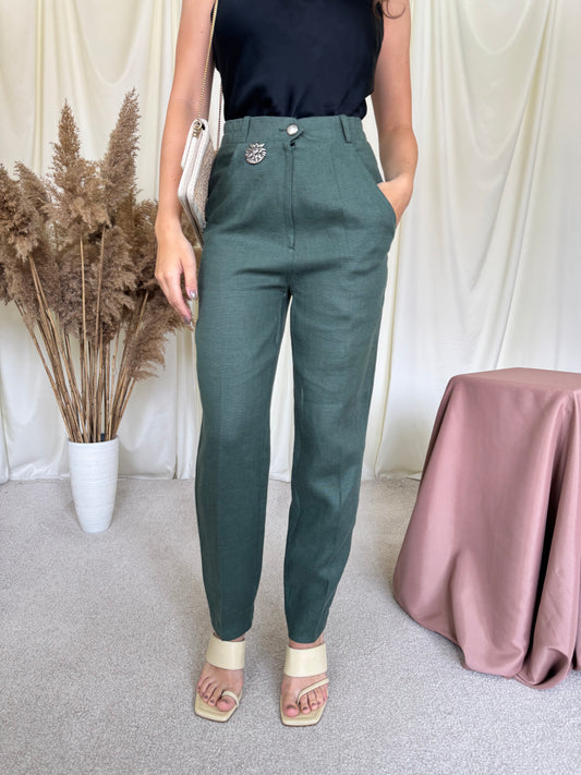 Pantalon vintage cu talie super înaltă elastică și detaliu metalic 
(Mărimea XS/S)