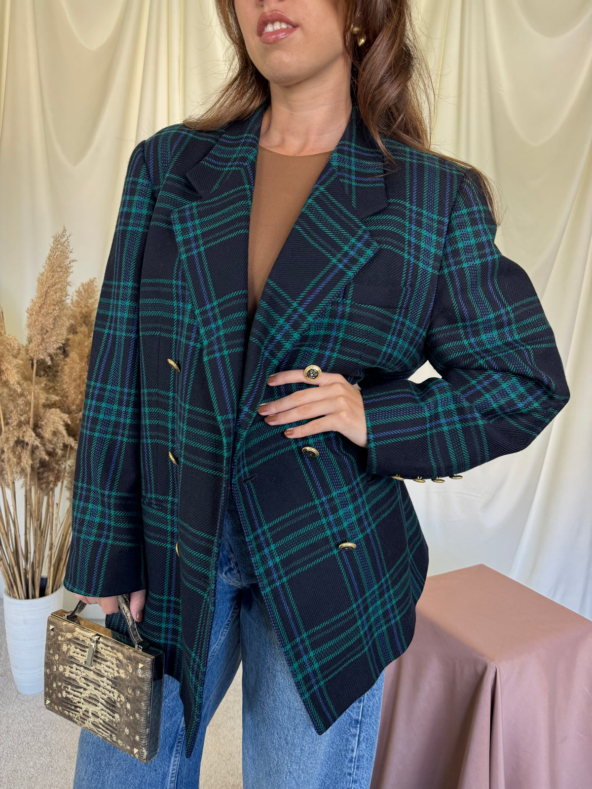 Sacou vintage DELMOD din stofă premium 100% lana cu print tartan și nasturi bijuterie ( mărimea L/XL)