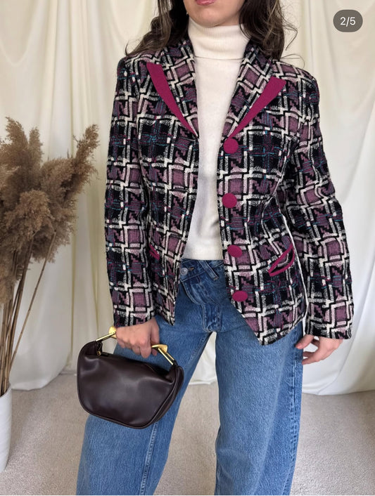 Sacou vintage deosebit din stofă de lână cu print superb( mărimea S-M)