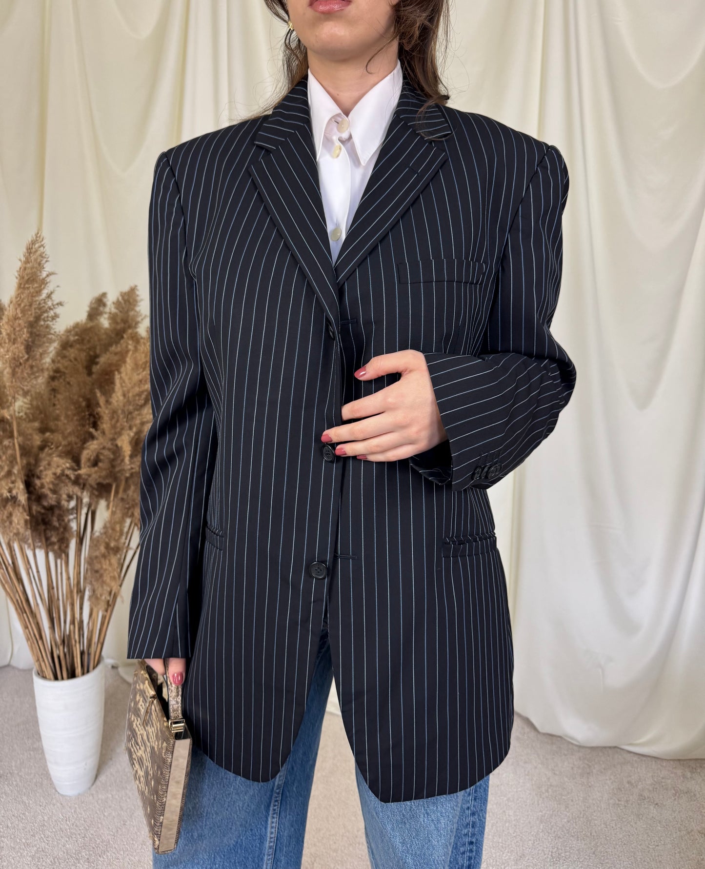 Sacou vintage VERSACE din stofă fină de lână cu print dungi fine(mărimea L)