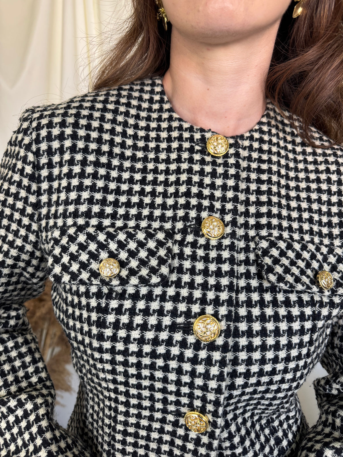 Sacou vintage italienesc din 100% lână cu print pepit și nasturi bijuterie ( mărimea S)