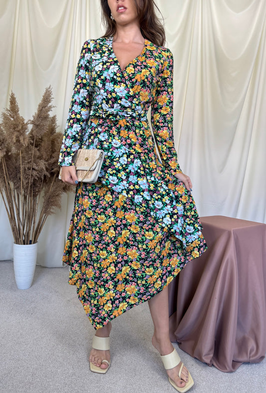 Rochie MAJE asimetrică cu print floral și talie marcata ( mărimea S)