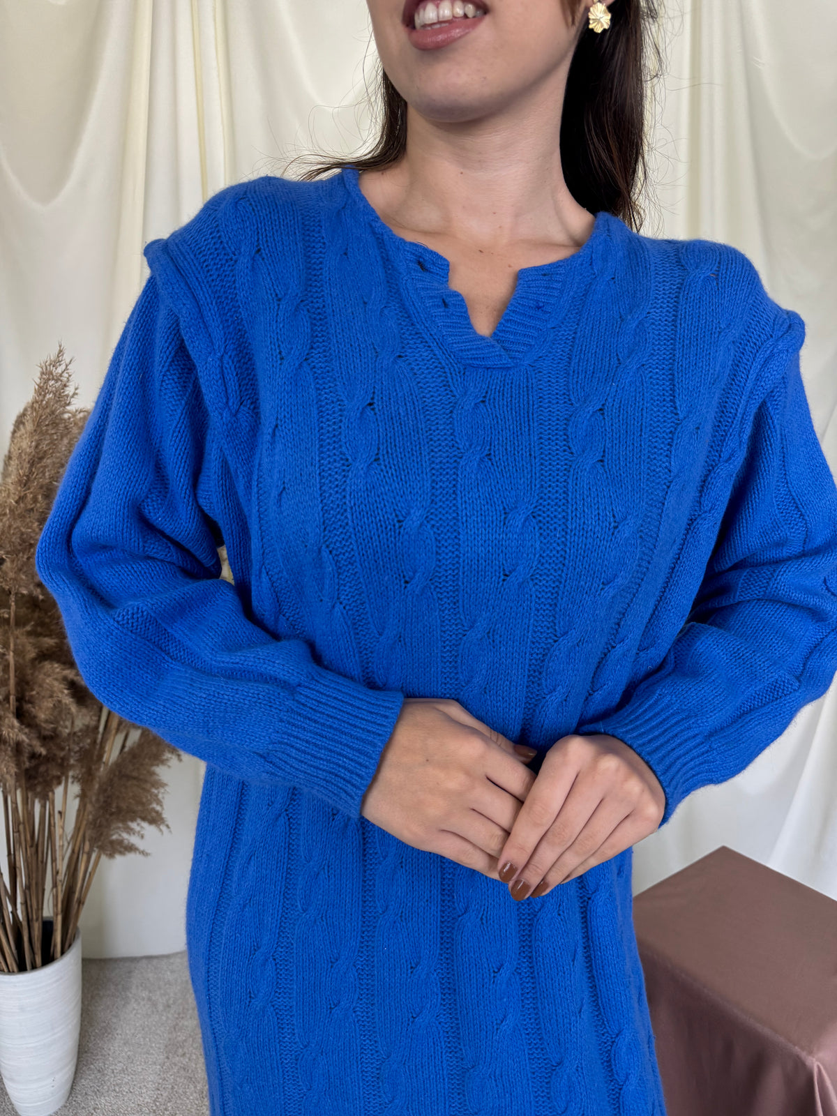 Rochie vintage tricotată din lana și cașmir , lungime maxi, albastru superb ( mărimea M/L)