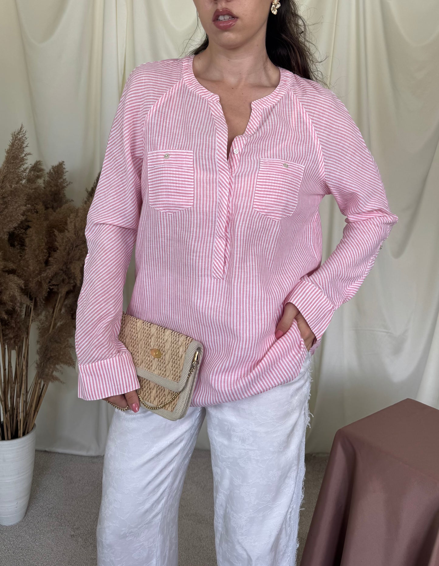 Cămașă Tommy H. Din bumbac și in cu print baby pink( mărimea S-M)