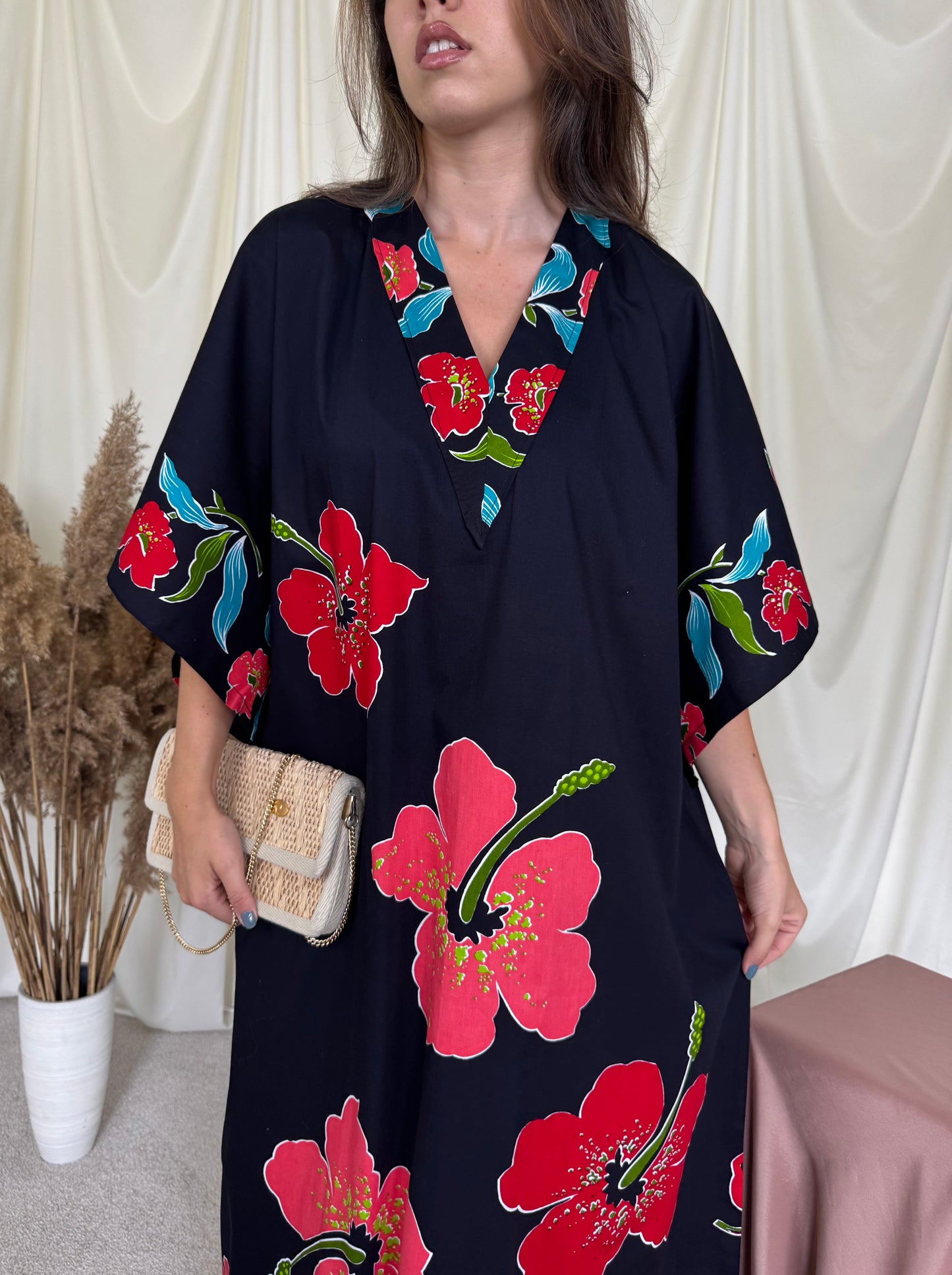 Rochie tip kaftan din bumbac cu print floral din 100% bumbac ( mărimea XL)