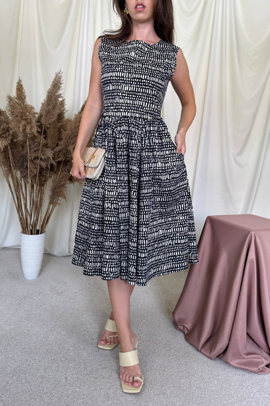 Rochie premium Max Mara din bumbac cu print, talie marcata ( mărimea M, S-M)