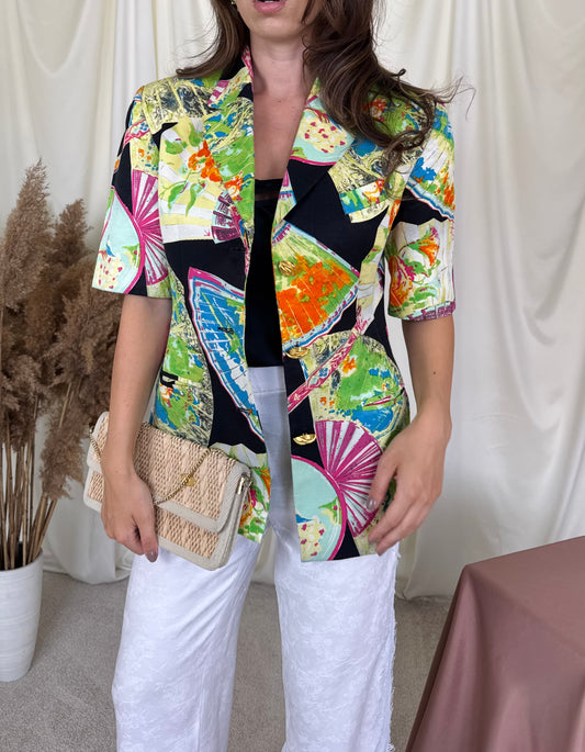 Sacou vintage cu print multicolor din bumbac și umeri marcați, nasturi tip bijuterie ( mărimea M/L)