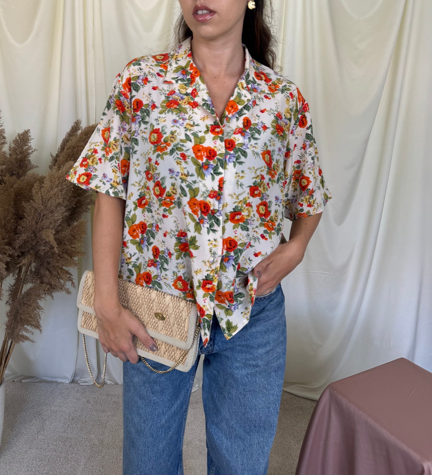 Cămașă vintage din 100% mătase naturală cu print floral, Alta Moda 
(Mărimea M/L)