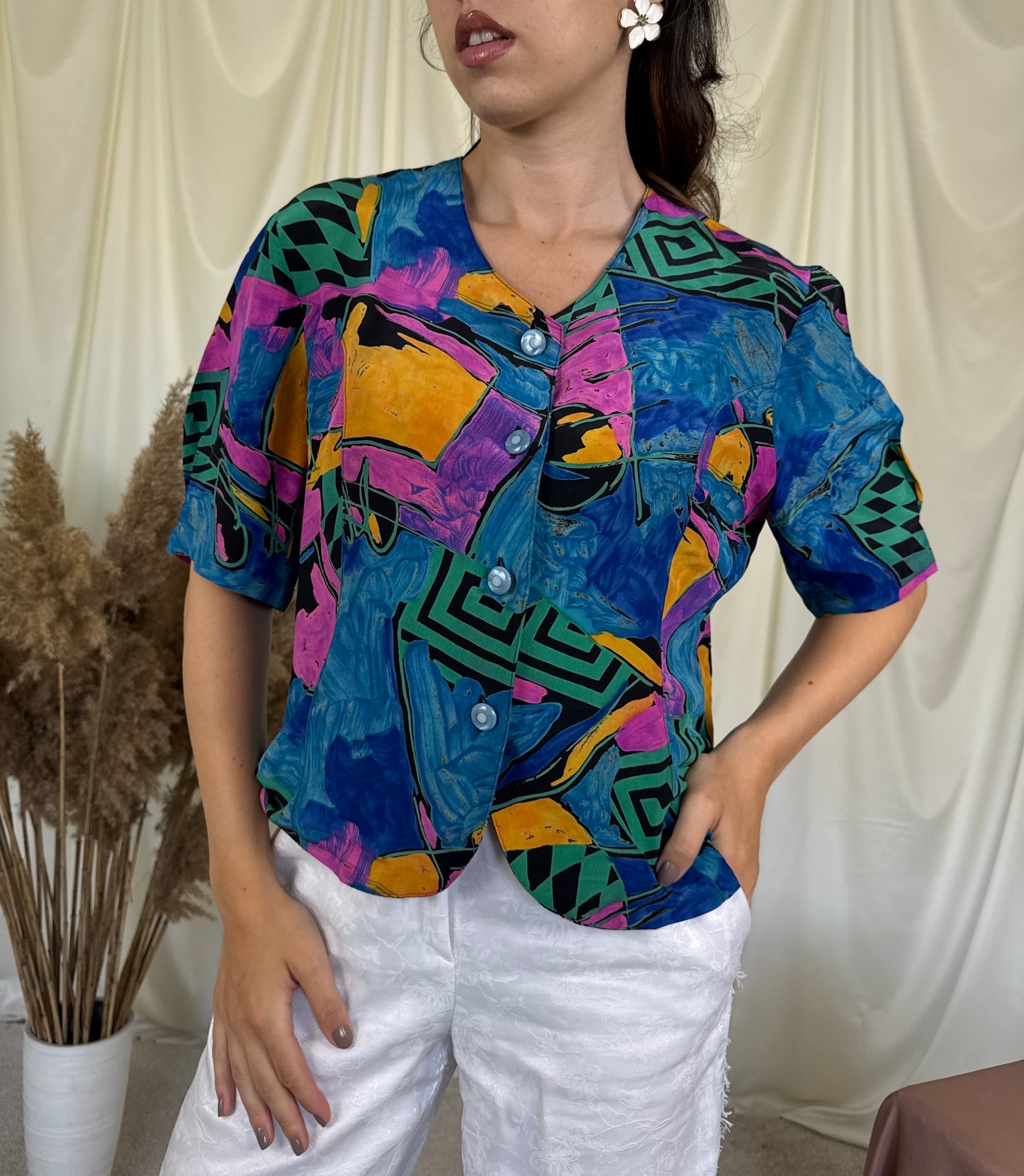 Cămașă vintage din mătase naturală cu print (Mărimea M/L)