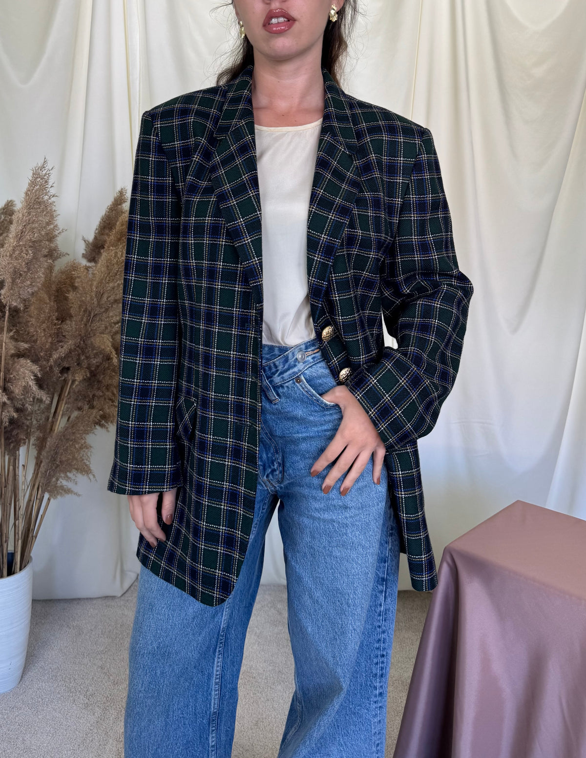 Sacou vintage din stofă cu print 100% lana și nasturi bijuterie ( mărimea L/XL)