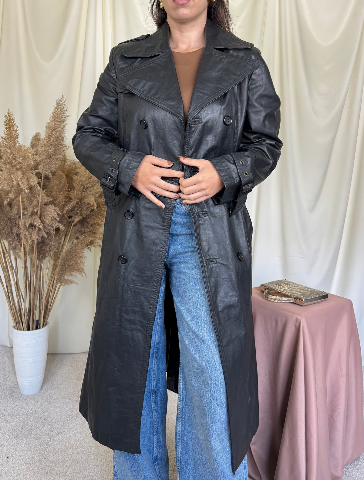 Trench vintage negru din 100% piele naturală ( mărimea M)