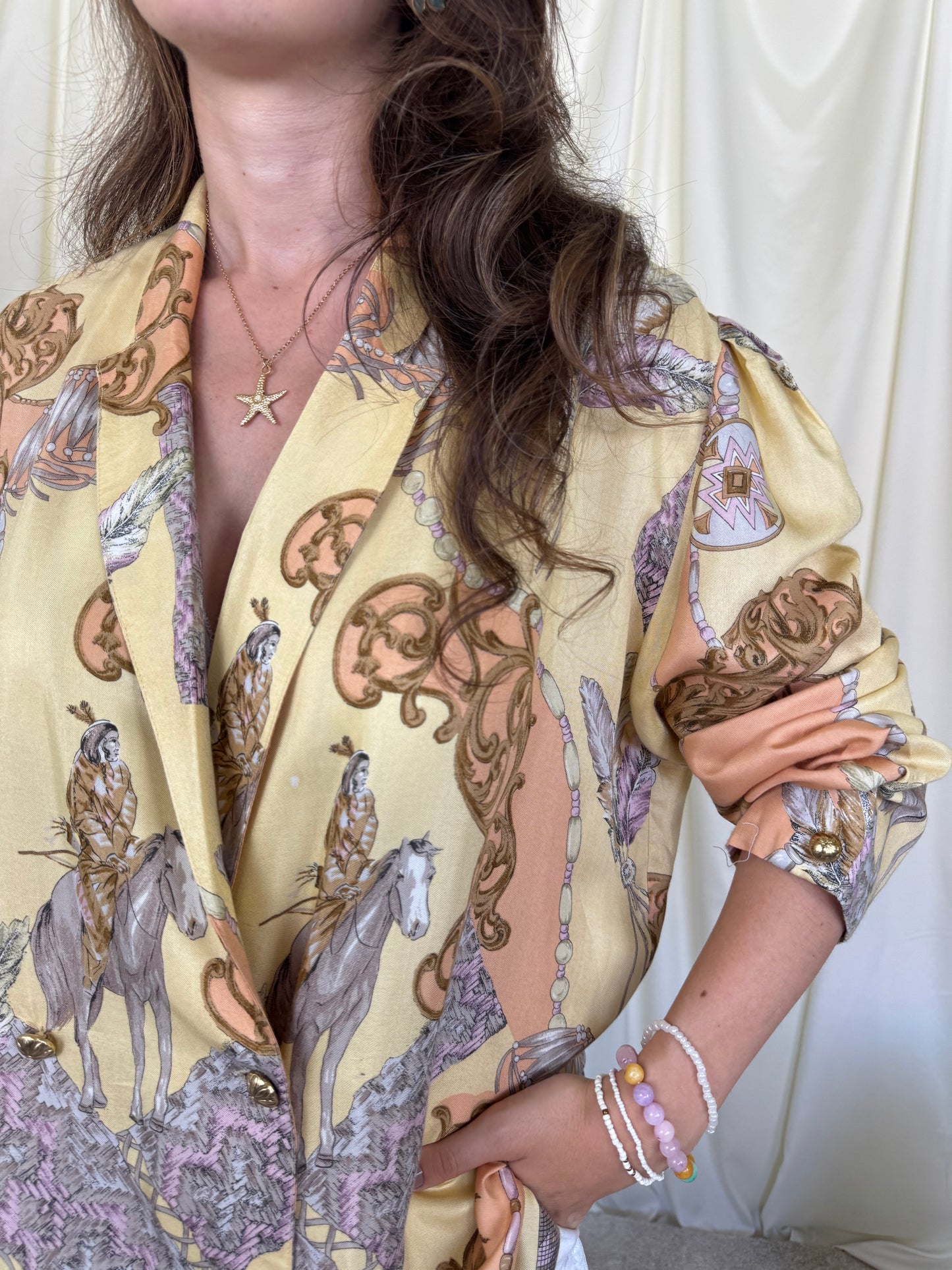 Sacou - cămașă vintage cu print ecvestru și nasturi aurii( mărimea XL)