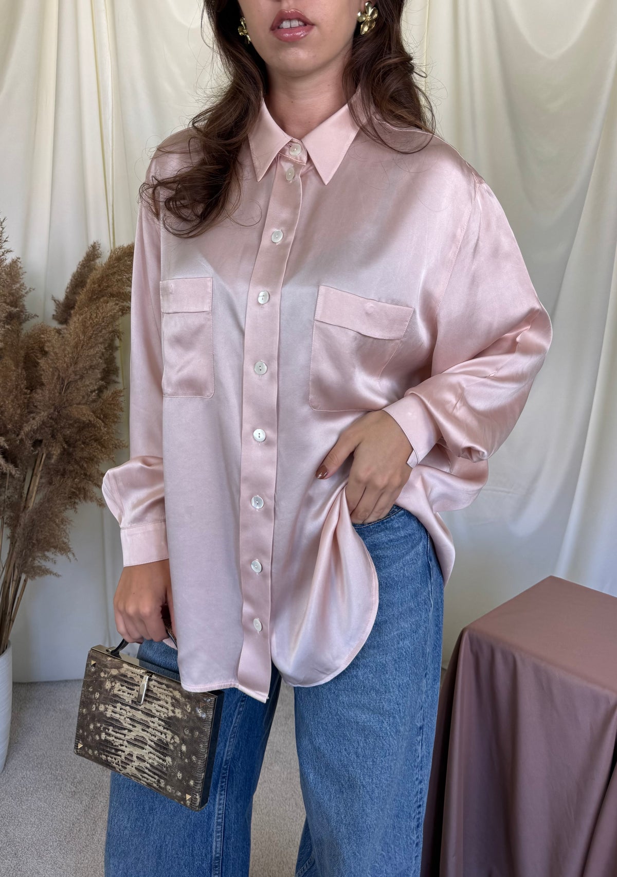 Cămașă vintage BASLER din 100% mătase naturala, baby pink ( mărimea XL)