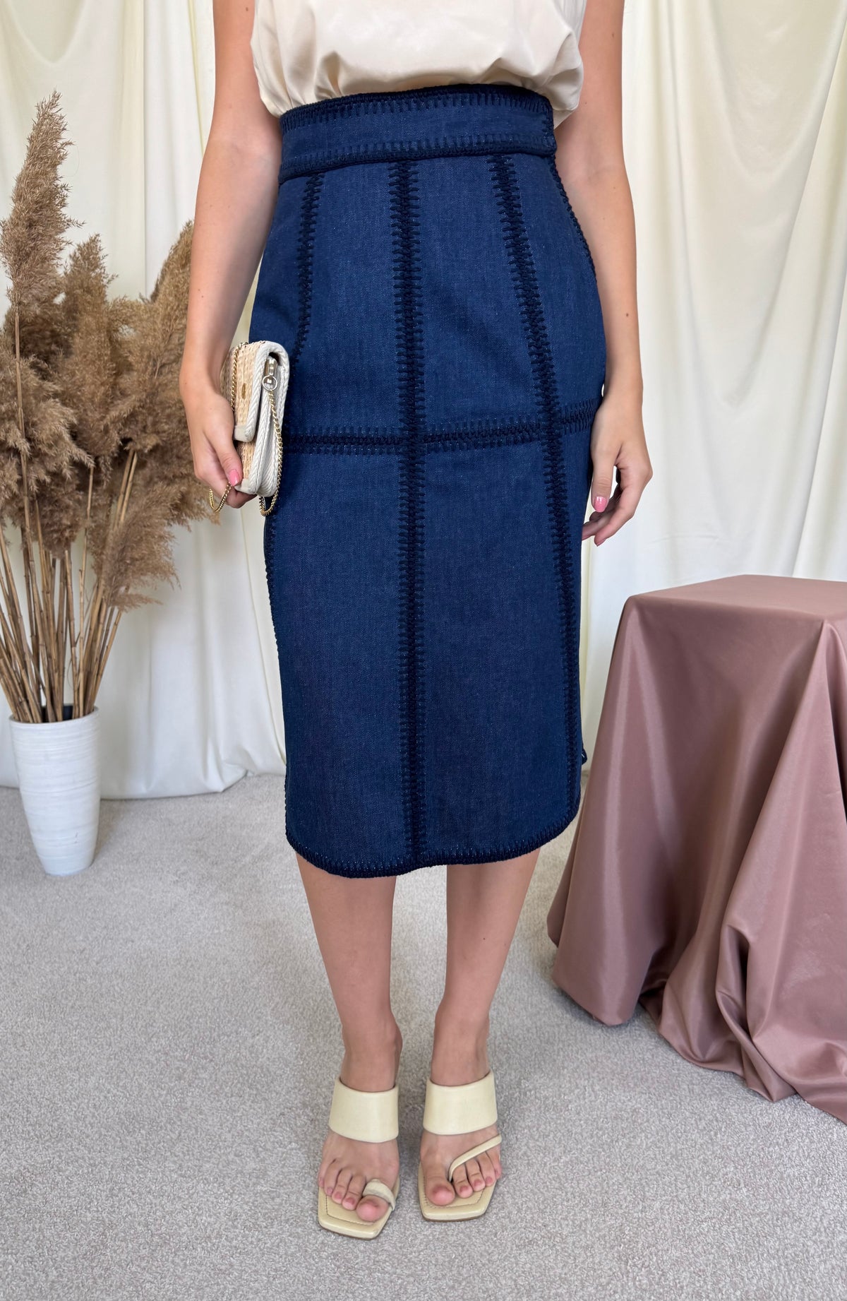 Fusta brand luxury MIU MIU din denim de bumbac cu talie înaltă ( mărimea S-S/M)