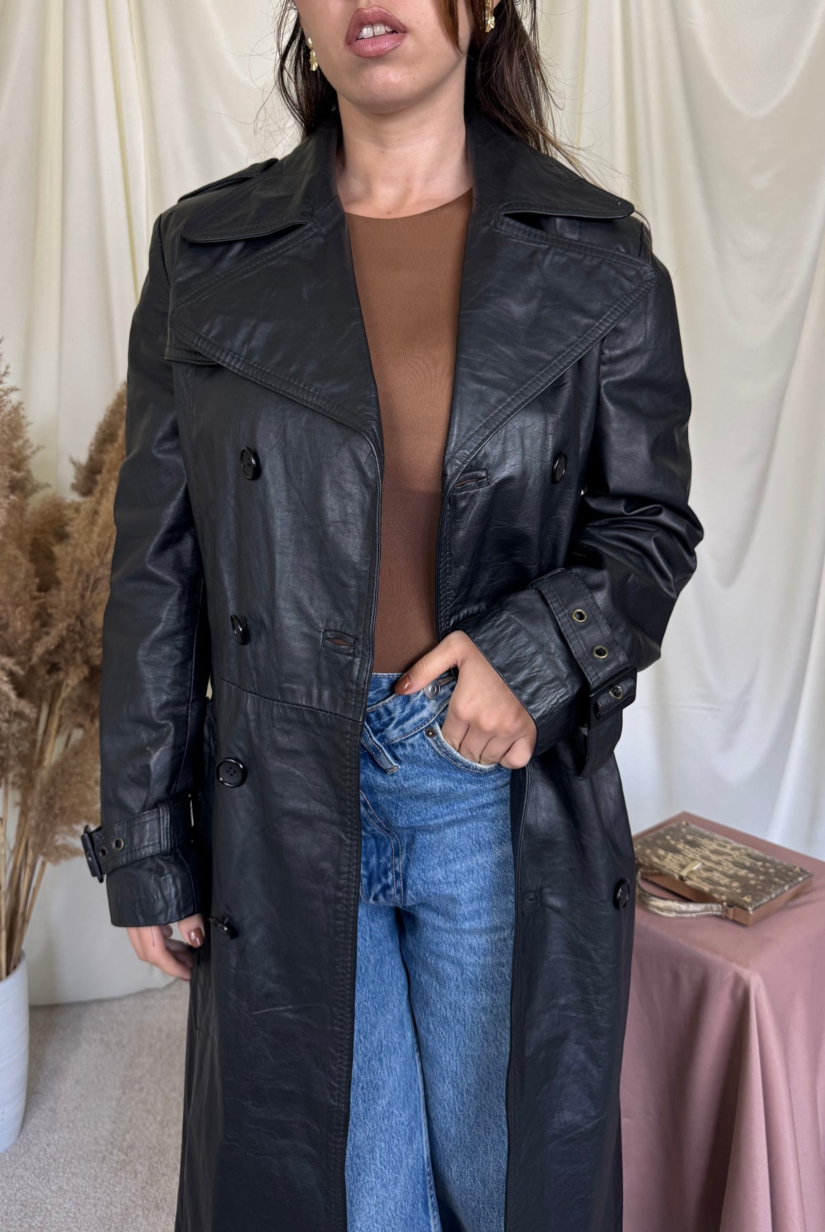 Trench vintage negru din 100% piele naturală ( mărimea M)