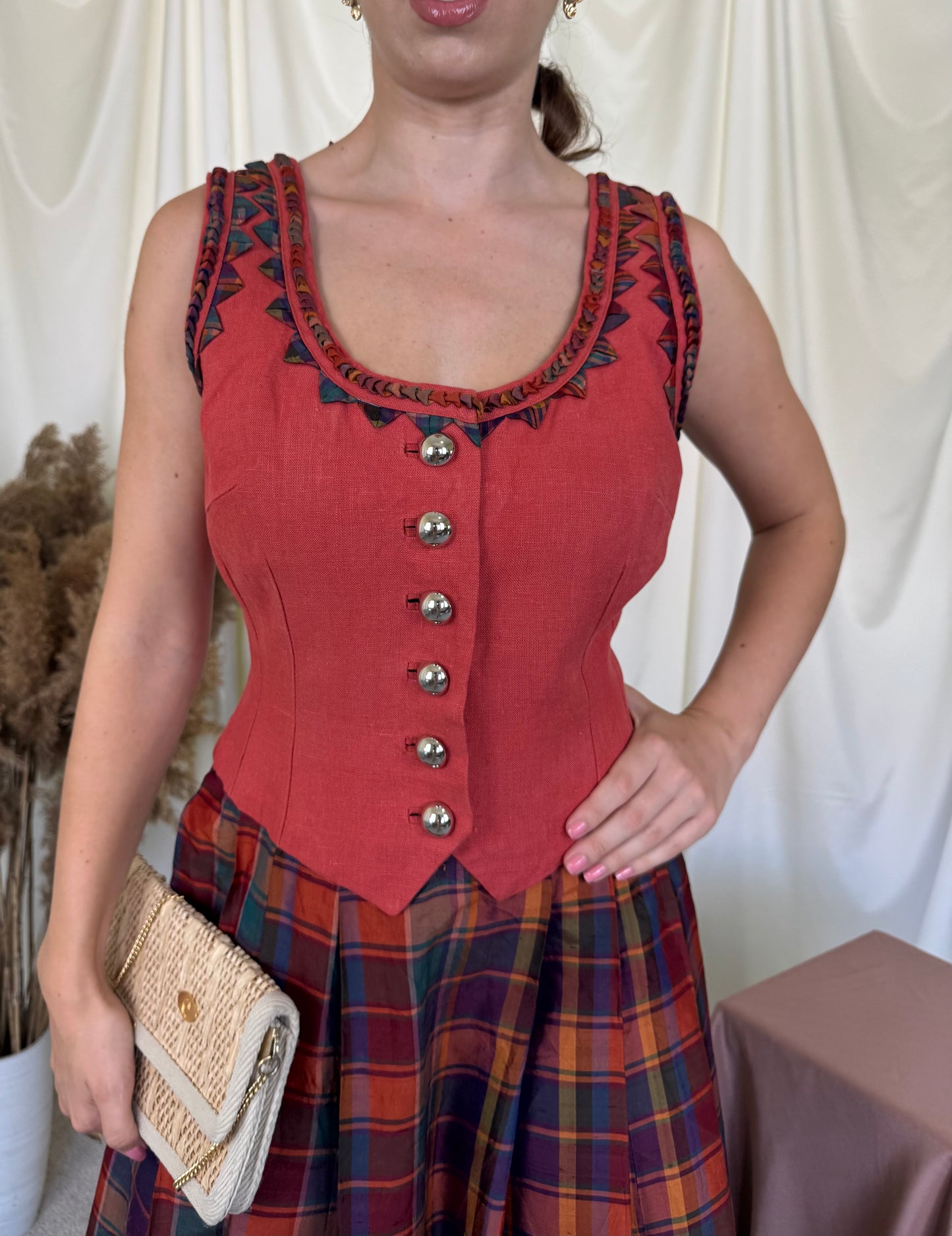 Rochie vintage din in si mătase naturala cu print ( mărimea M)-78 talie