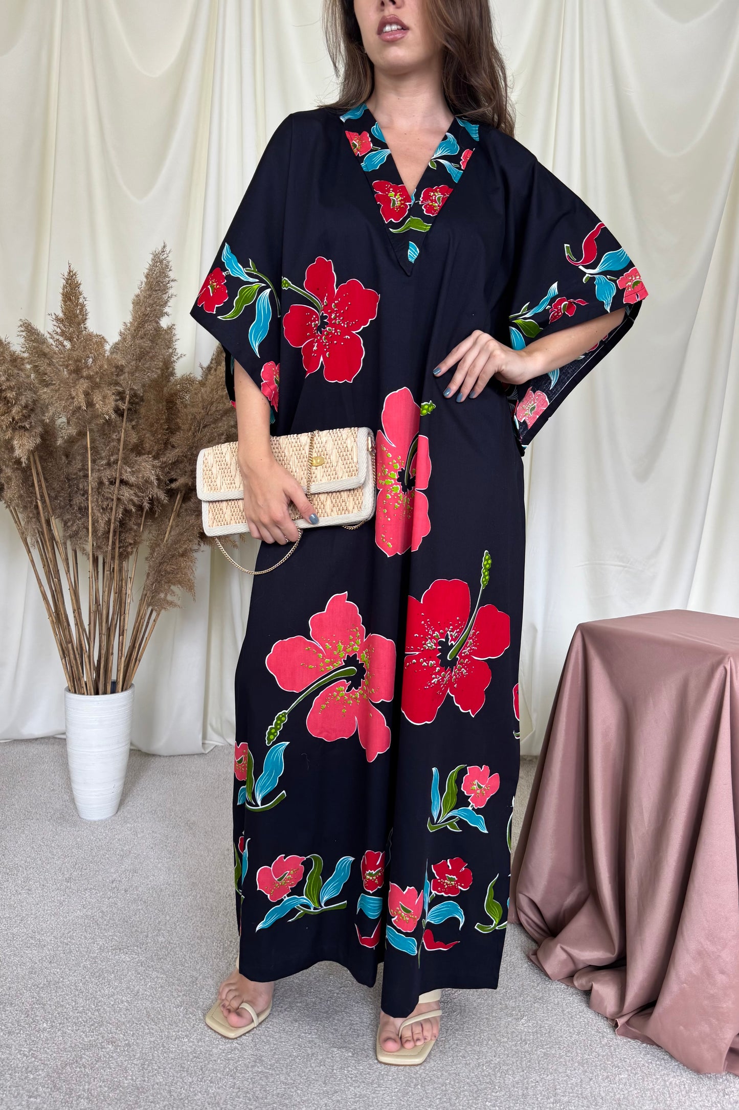 Rochie tip kaftan din bumbac cu print floral din 100% bumbac ( mărimea XL)